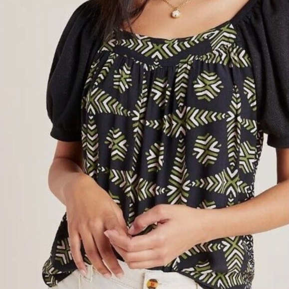 Maeve Catania Puff Sleeve Blouse Black Green XSmall Anthropologie - Picture 2 of 7